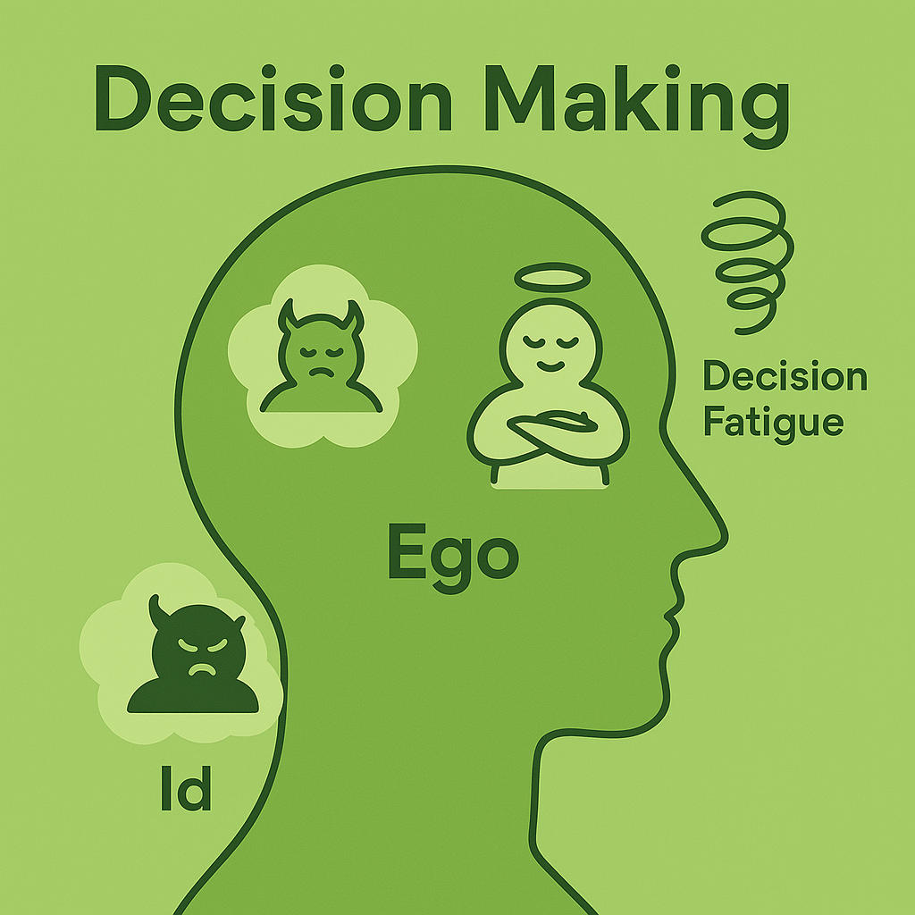 a diagram of the human mind, with the ego and the id in conflict causing decision fatigue.